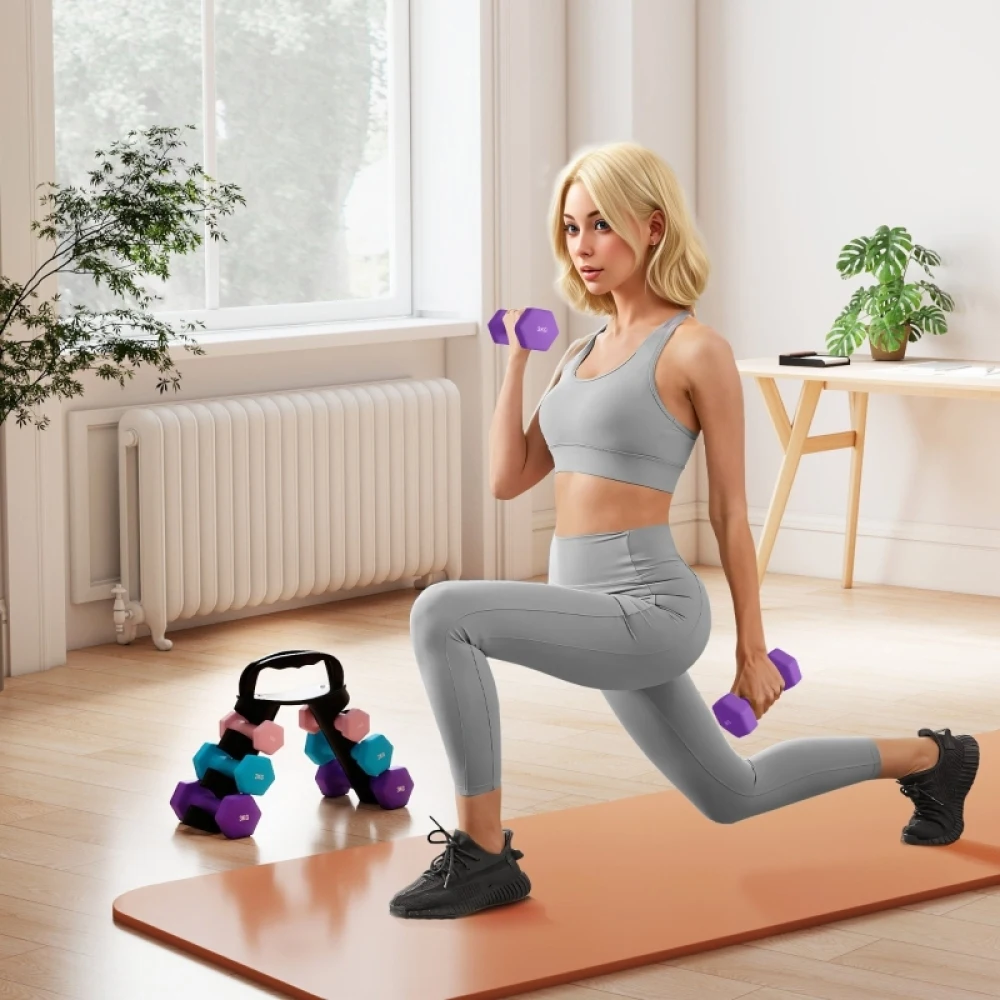 Hantelset mit Ablage. Ein Set aus 6 Hanteln, geeignet für Fitnesstraining, bestehend aus 2 x 1 kg, 2 x 2 kg und 2 x 3 kg Hanteln. Ideal für das Training zu Hause.