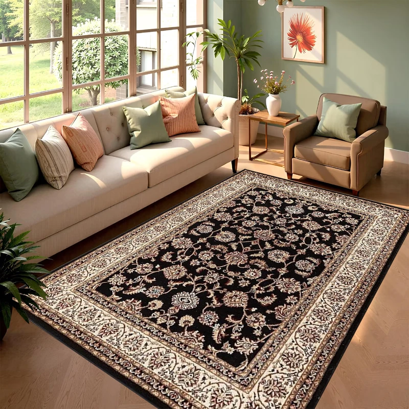 Eleganter Schwarzer Blumen-Teppich, Rutschfester Orientalischer Kunstteppich für Inneneinrichtung Image
