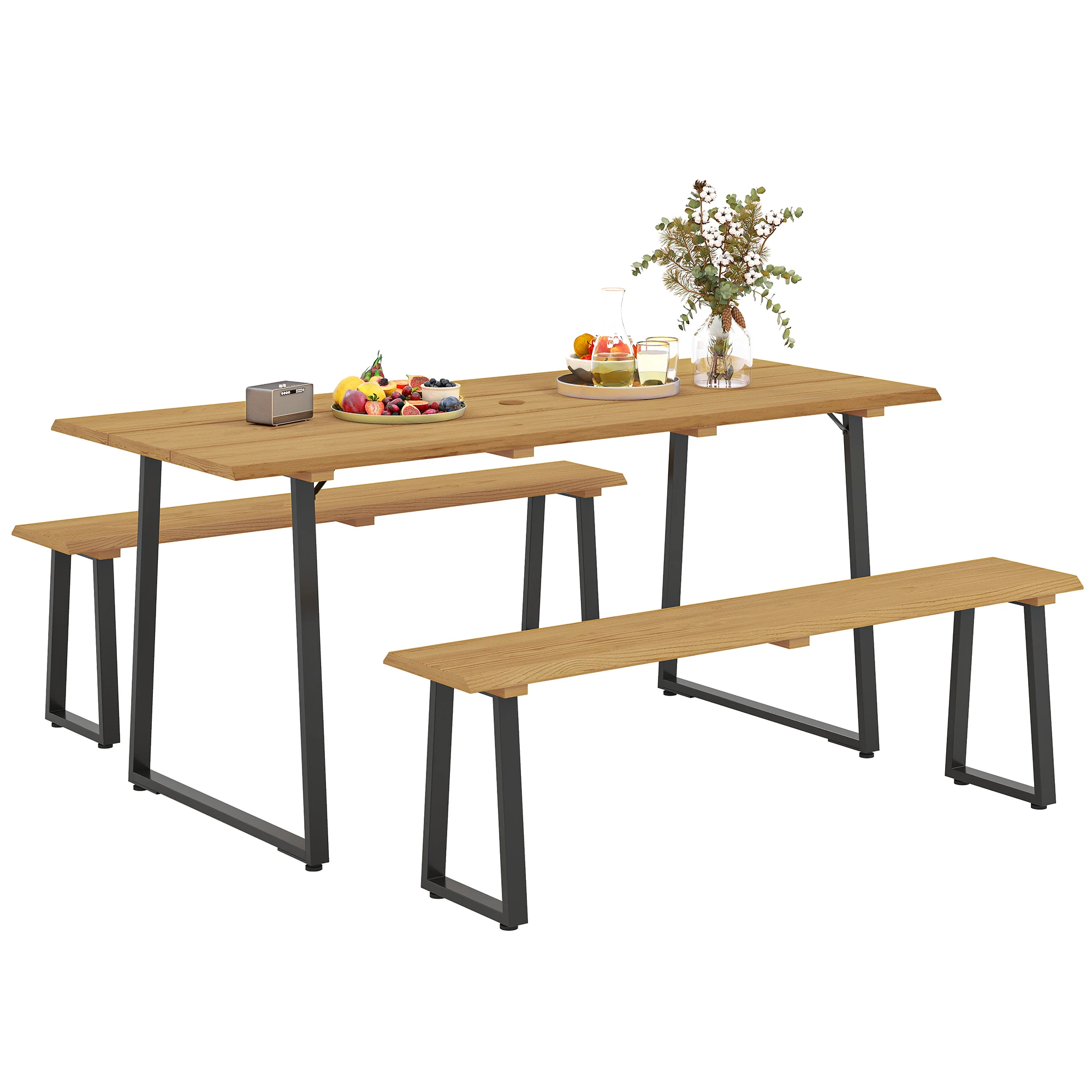 3-teiliges Holz-Essgruppen-Set für 6 Personen, 178x76x77 cm Tisch mit 2 Bänken, Naturholz, Sonnenschirmloch, Gartenmöbel