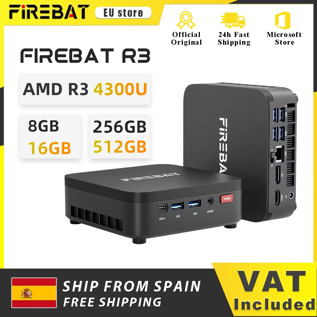 FIREBAT R3 Mini-PC AMD Ryzen 3 4300U 8GB 16GB LPDDR4 RAM 256GB 512GB SSD M.2 SATA Windows11 Pro Desktop-Computer WiFi6 BT5.2 Image