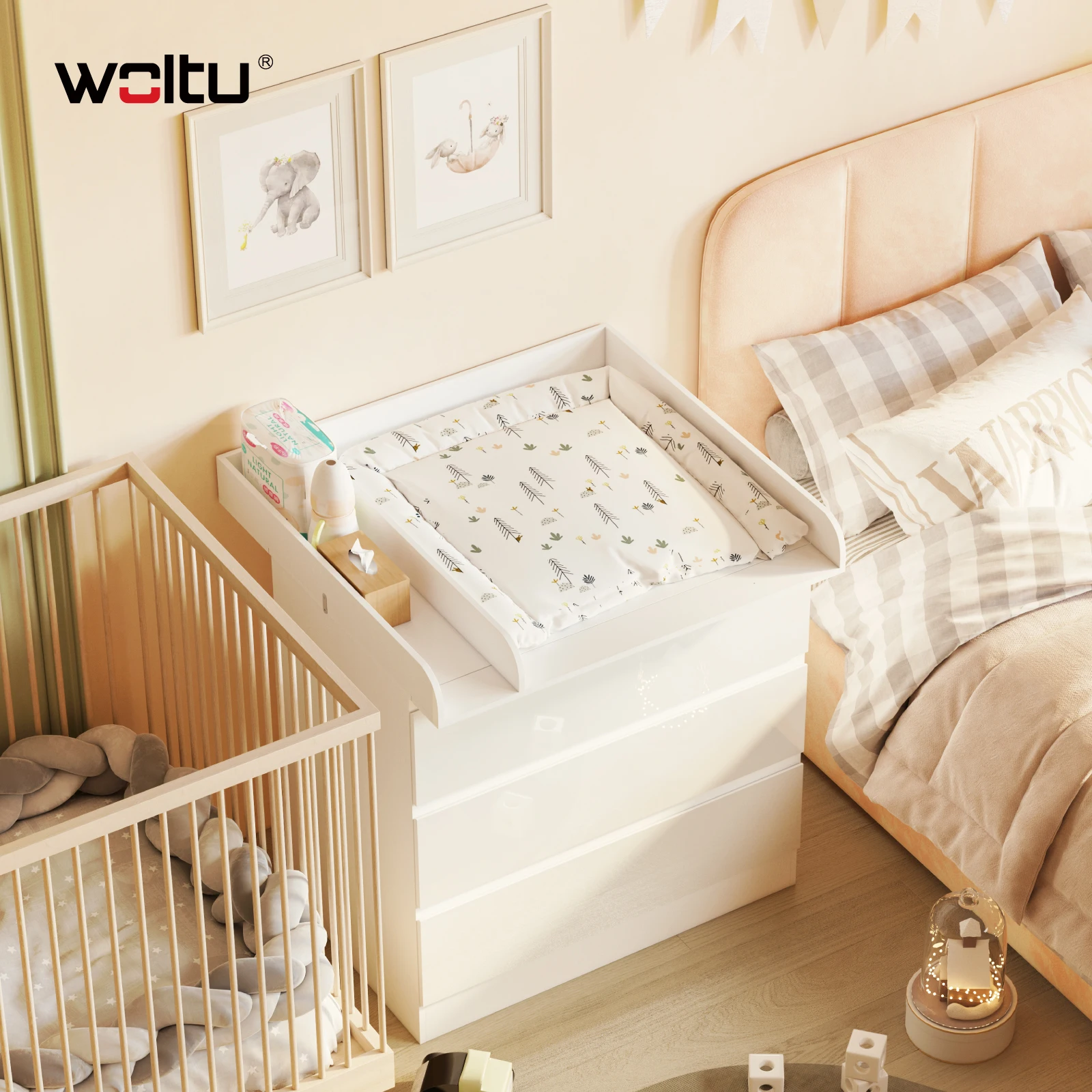 WOLTU Wickelunterlage für Babys und Kinder mit Trennwand, sichere Befestigung, Wickelauflage 80x8,5x74,5cm, Wickeltisch für Kommode Image