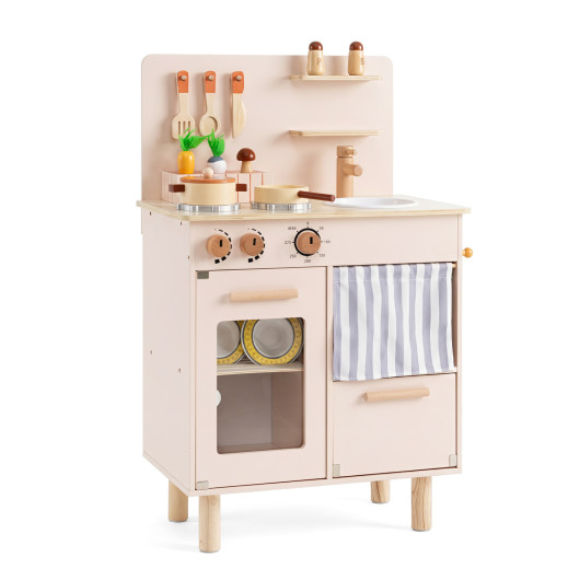 Costway Wooden Play Kitchen for Kids Toddler Kitchen Playset with Stoves Faucet Sink-Beige