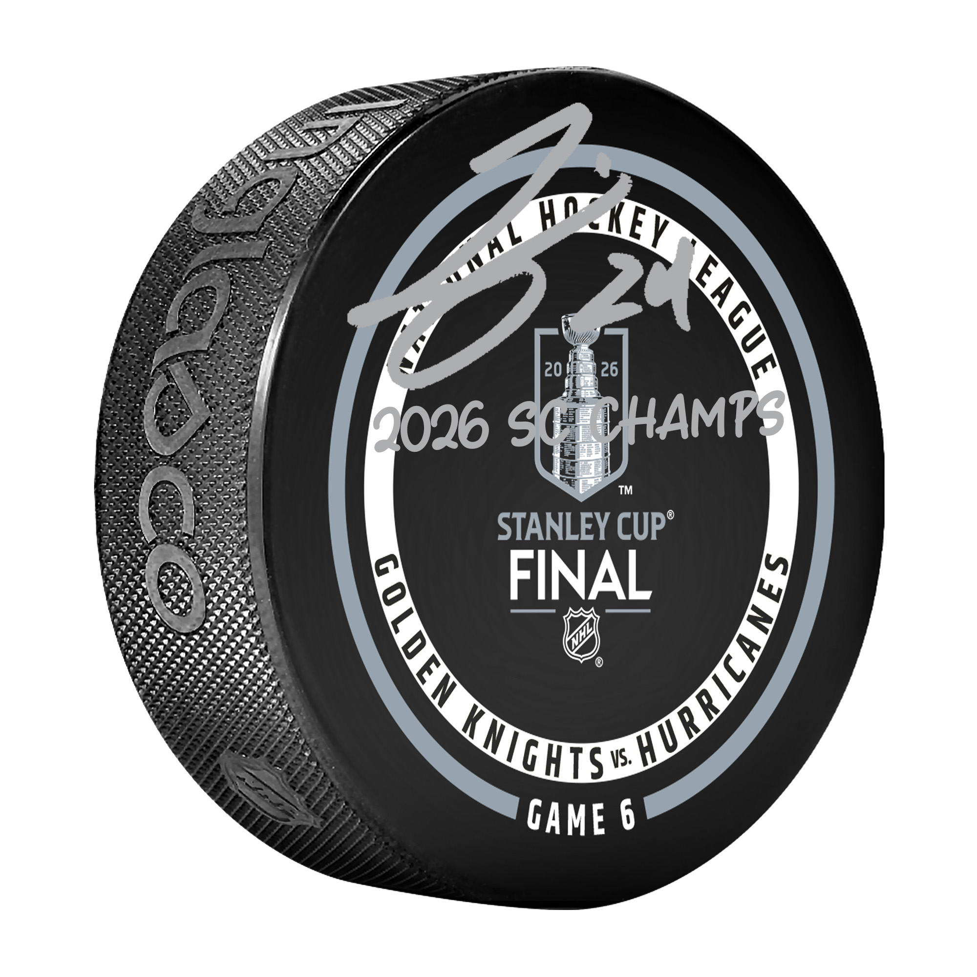 "Von Seth Jarvis signierter offizieller Spielpuck der Carolina Hurricanes zur Stanley-Cup-Meisterschaft 2026 mit der Aufschrift „2026 SC Champs“." Image