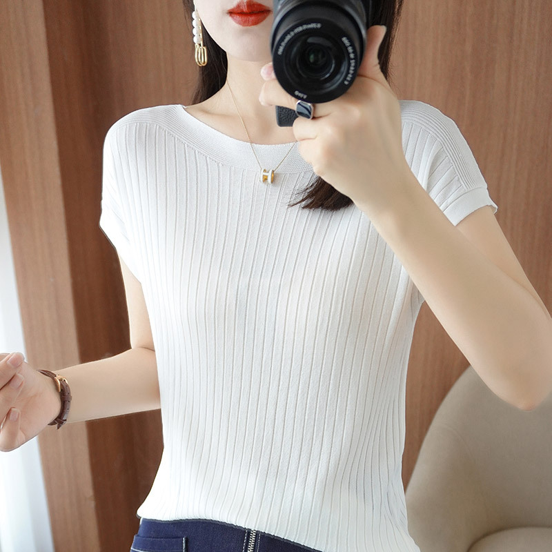 Korean Style Striped Knit Slash Neck Women T Shirt Slim Fit Spring Summers green xl