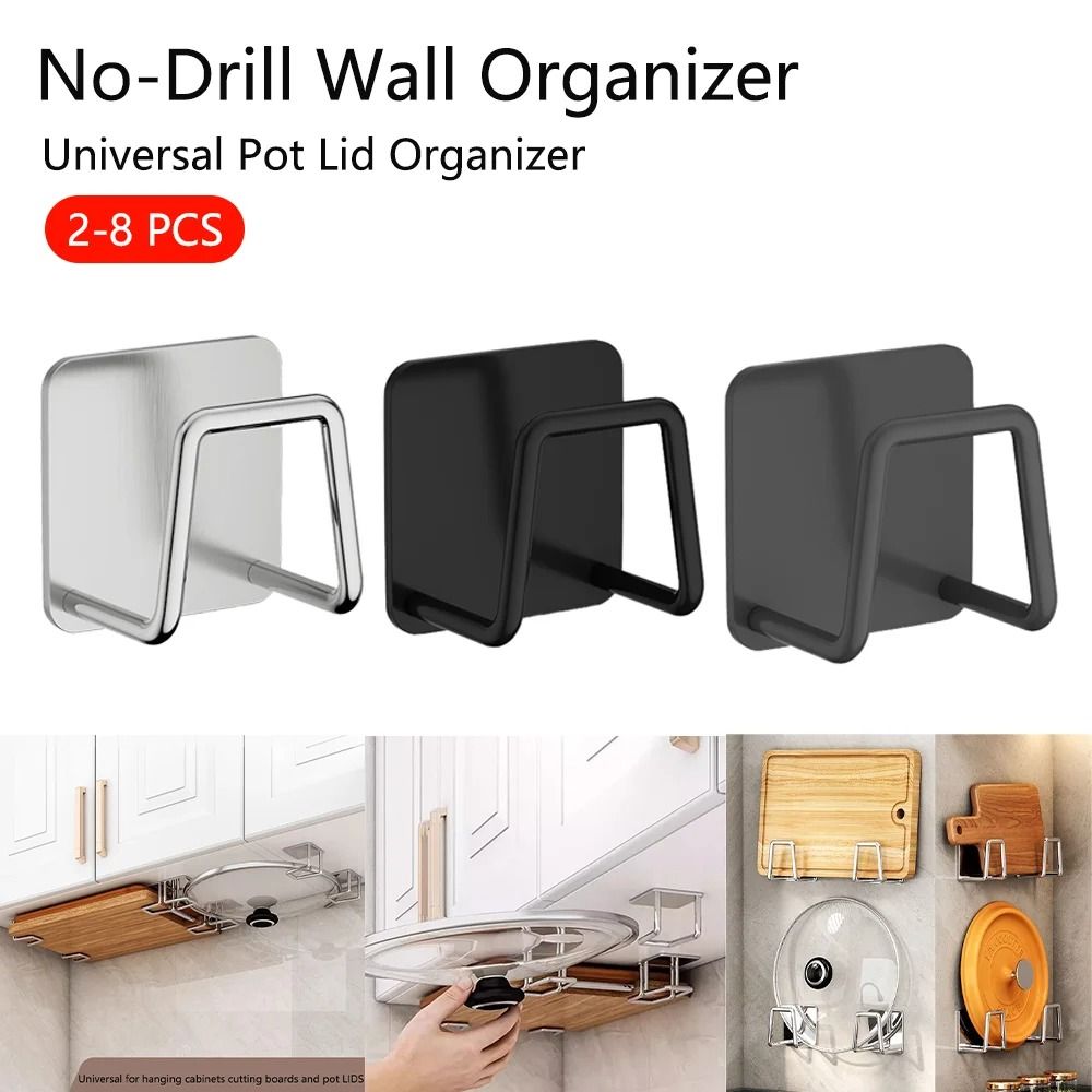 Wall Mounted Pot Lid Holder And Cutting Board Rack Set Space Saving Kitchen Organizer grey 4pcs