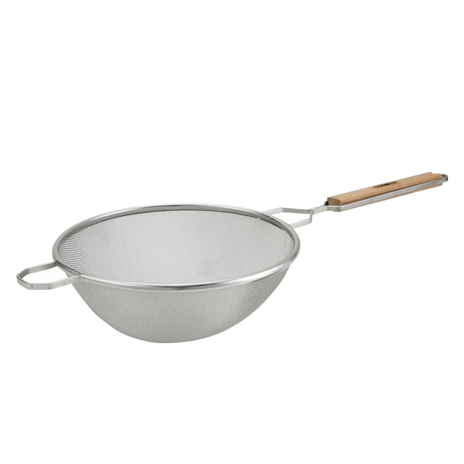 Winco MS2K-10S 10 1/4 Strainer w/ Single Fine Mesh & Flat Wooden Handle, Silver