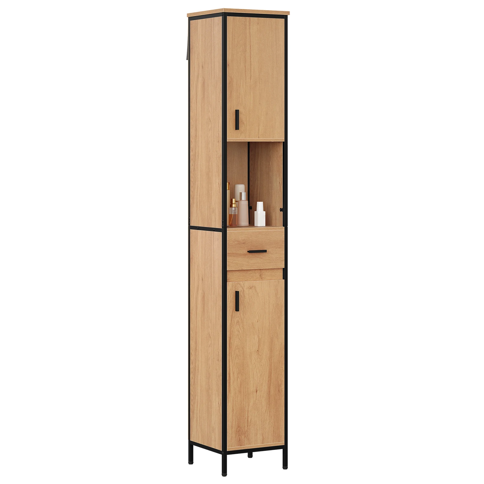 EUGAD Schmaler Hoher Badezimmerschrank 30x180x30cm Kippsicherer Aufbewahrungsorganizer mit Schublade Offenes Fach Verstellbare Regale für Zuhause