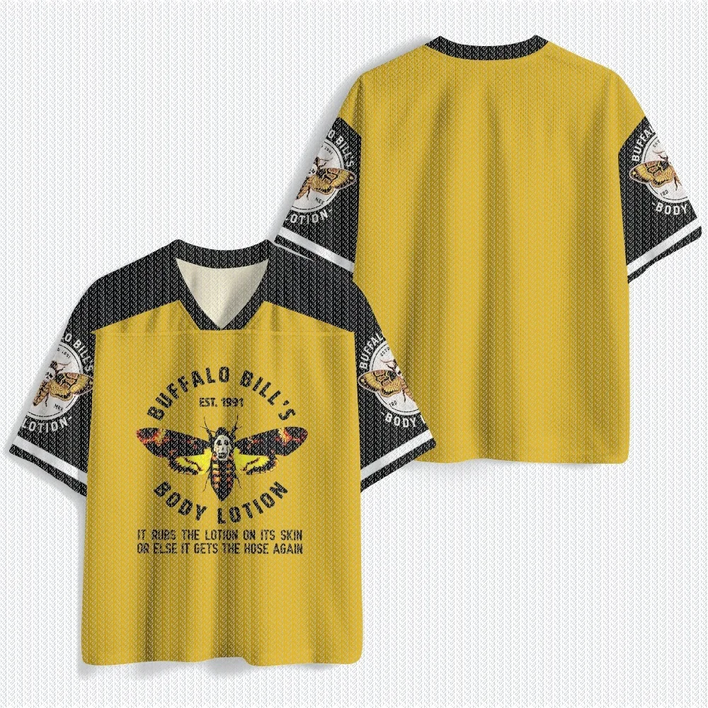V-Ausschnitt Gelb-Schwarzes Mesh-Jersey-T-Shirt mit Motten-Totenkopf-Print auf Vorderseite und Rückseite, Ärmel, Lässige Streetwear, Retro Hip-Hop-Oberteil