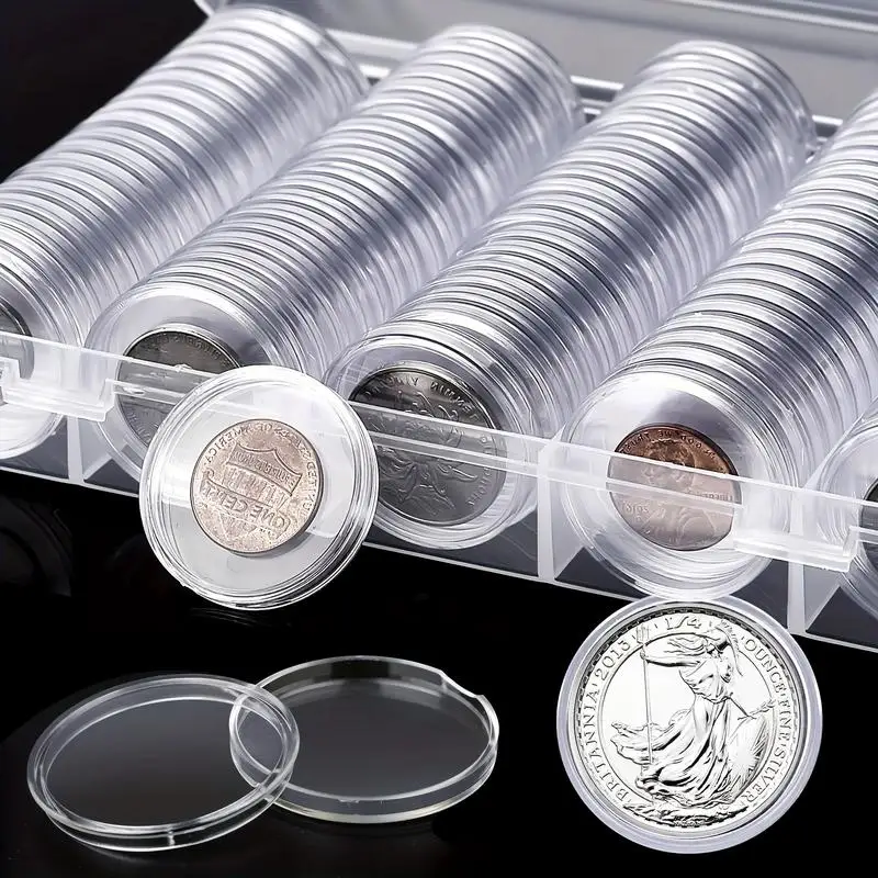100 Stück Münzkapseln mit weißer Dichtung, Kunststoff-Organizer für 17/20/25/27/30 mm Münzen, transparente runde Aufbewahrung
