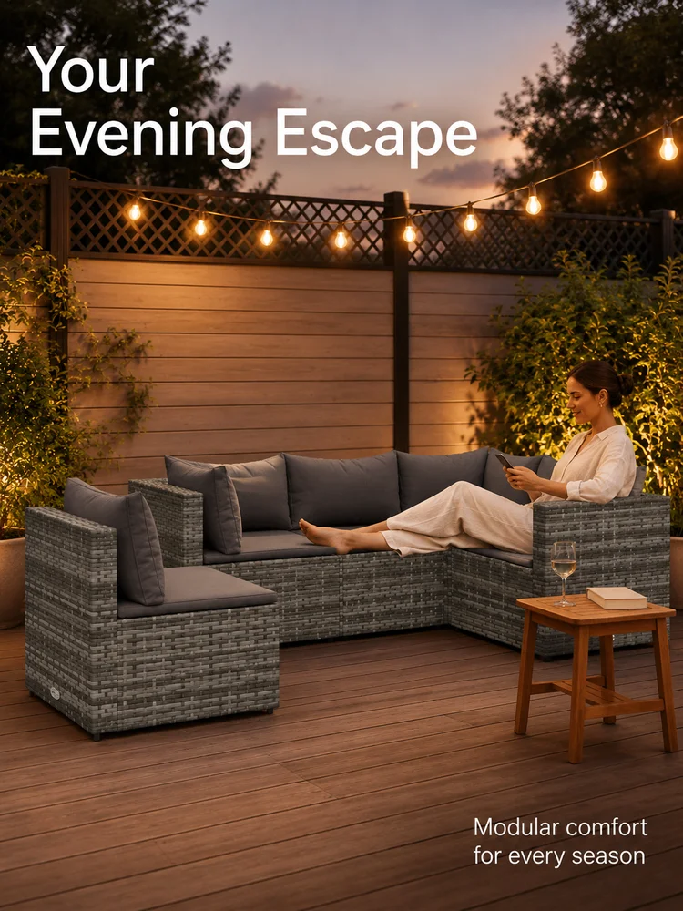 5-teiliges Garten-Lounge-Set mit Kissen, graues Polyrattan-Sofa-Set für den Außenbereich, modulare Terrassenmöbel mit Stahlrahmen, wetterbeständig für Garten, Terrasse, Balkon