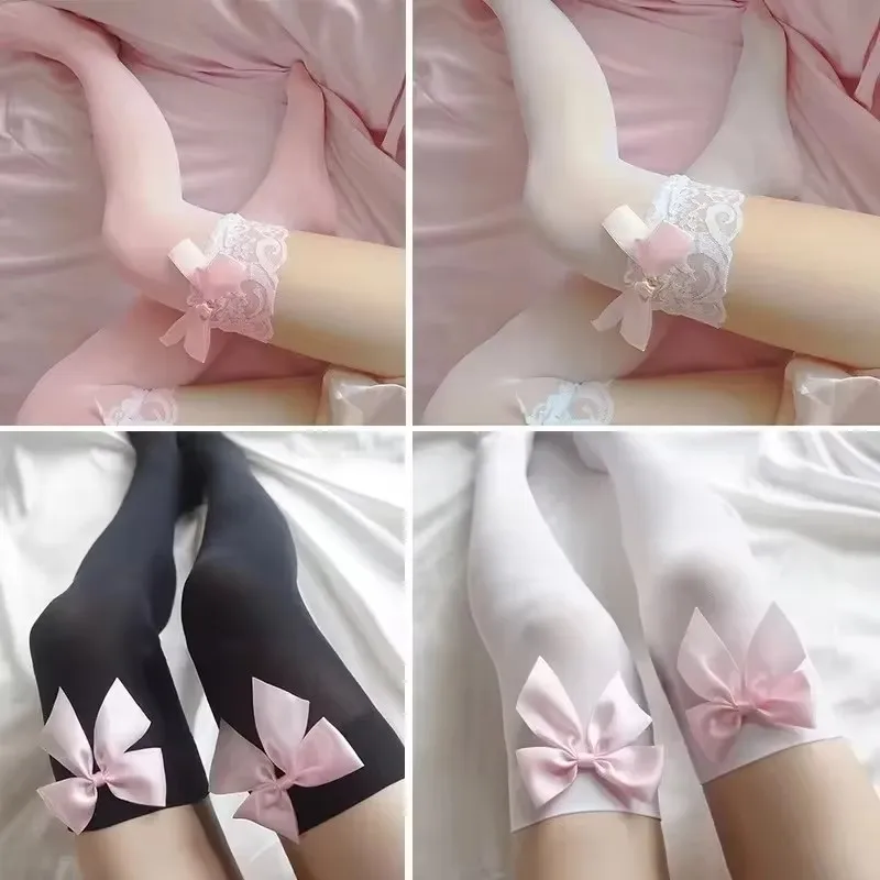 Große Rosa Schleife Reizvolle Overknee-Strümpfe Süße Spitzen-Strümpfe für Damen Sexy Dessous-Strümpfe
