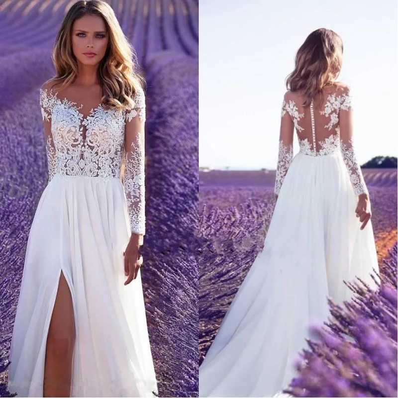 Frauen Sexy Party Abendessen Kleider Weiß Lange-sleeve Perspektive Spitze Hochzeit Dünne Hohe Taille Große Schaukel Damen Lange kleid