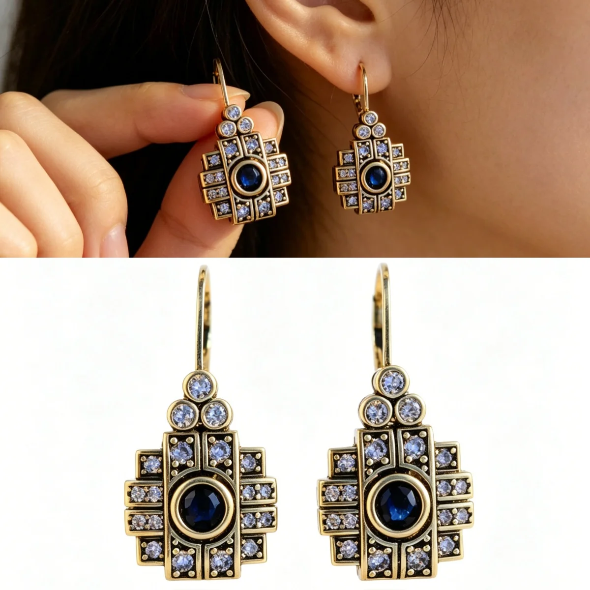 Elegante Luxus-Ohrhänger mit synthetischem blauem Zirkonia und Goldakzenten für Damen – Modischer Charme für Bankette und Jubiläen Image
