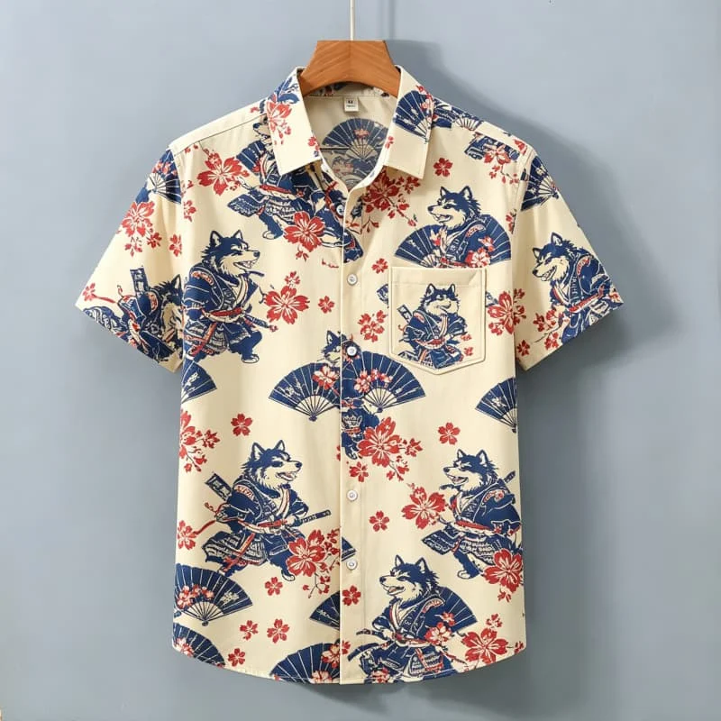 Exotisches japanisches Ukiyo-e-Hemd für Herren mit Aufdruck, kurzärmelig, mit Taschen, geeignet für den täglichen Gebrauch und für eine unterhaltsame kulturelle Atmosphäre. Image