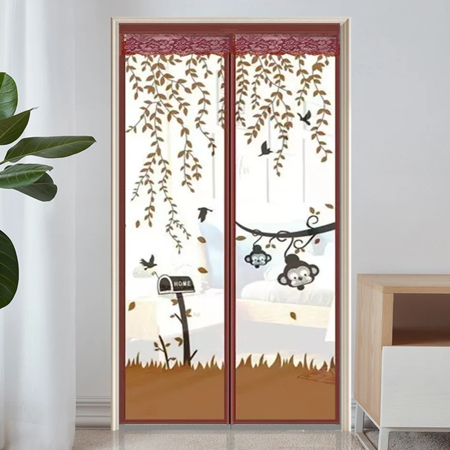 Sommerlicher bedruckter Kaffee-Magnet-Insektenschutz für Zuhause, bohrfreier, atmungsaktiver Magnet-Mesh-Türvorhang mit Kaffee-Motiv