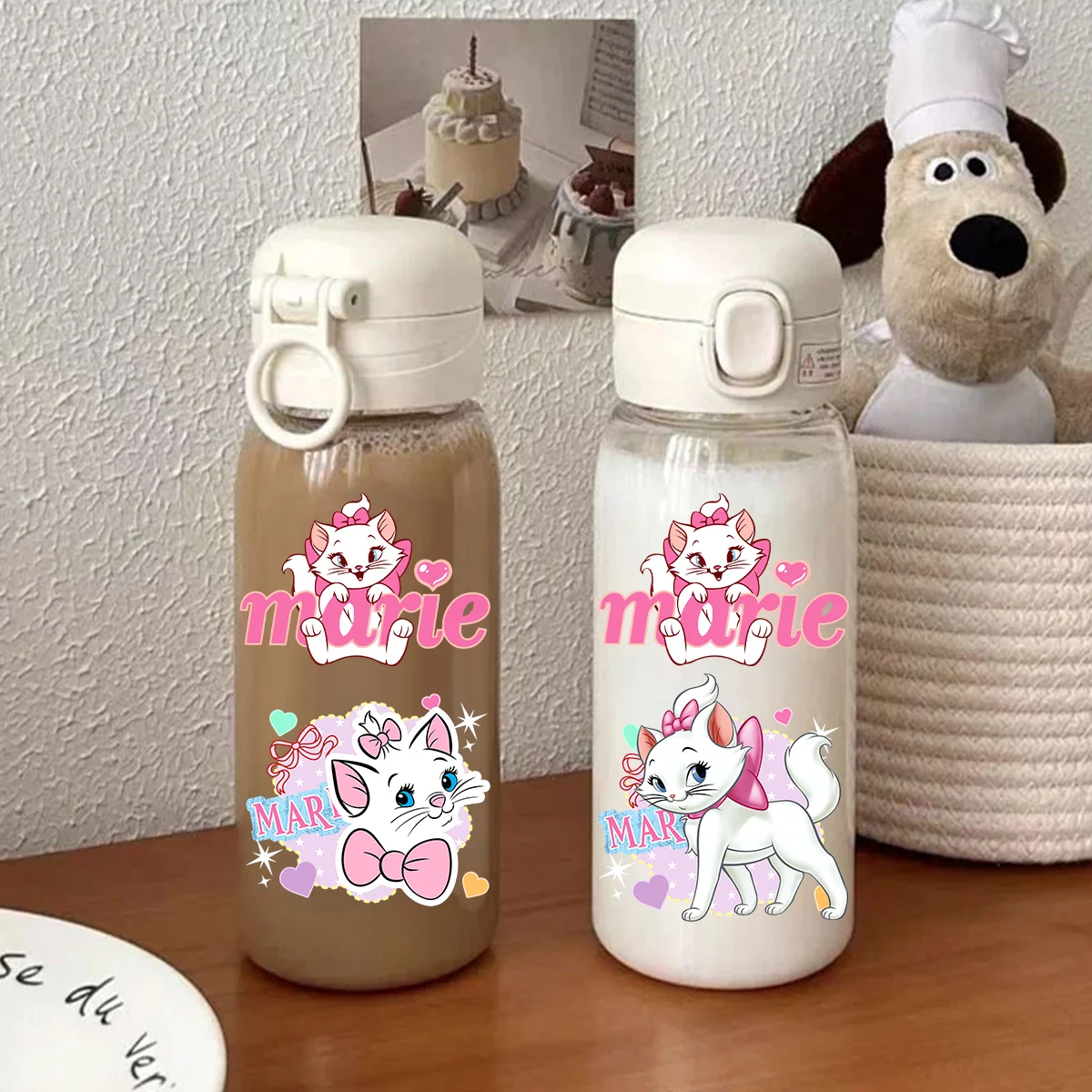 Sport-Wasserflasche, 600 ml, mit Strohhalm, tragbar, aus Kunststoff, für Schüler, AristoCats-Motiv, transparent Image
