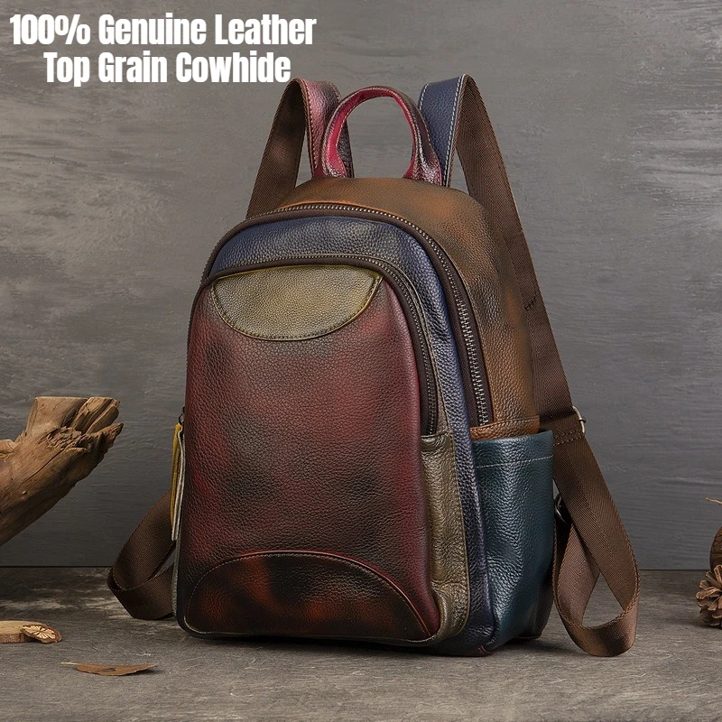Echtleder-Rucksack für Damen, handgefärbtes weiches Rindsleder, große Reisetasche, Vintage-Farbblock, lässiger Tagesrucksack Image