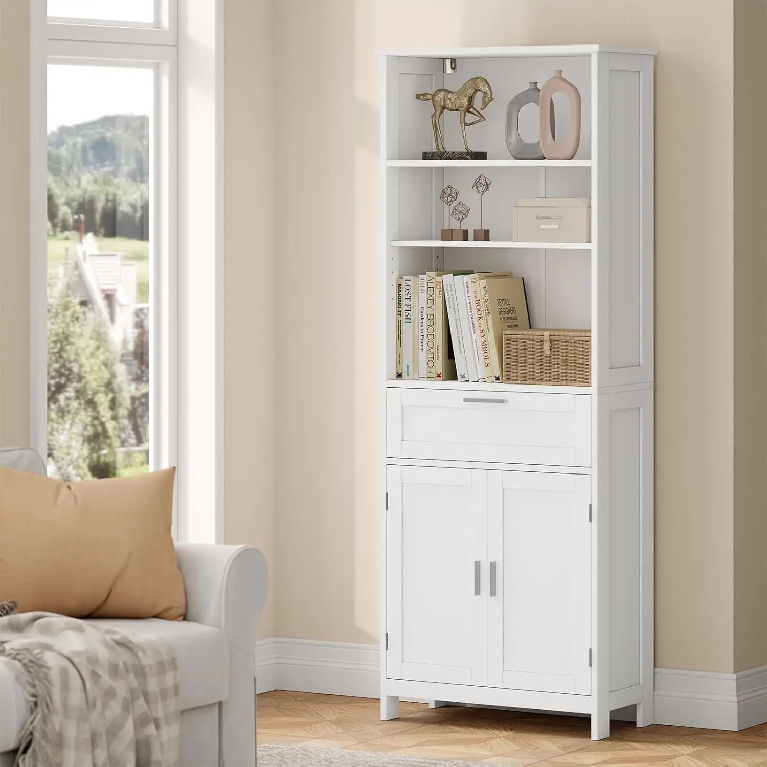 Badezimmerschrank, Hochschrank mit 2 Türen, 3 offenen Ebenen und 1 Schublade, Mehrzweck-Aufbewahrungsorganisator für das Heimbüro, 60 x 160 x 30 cm