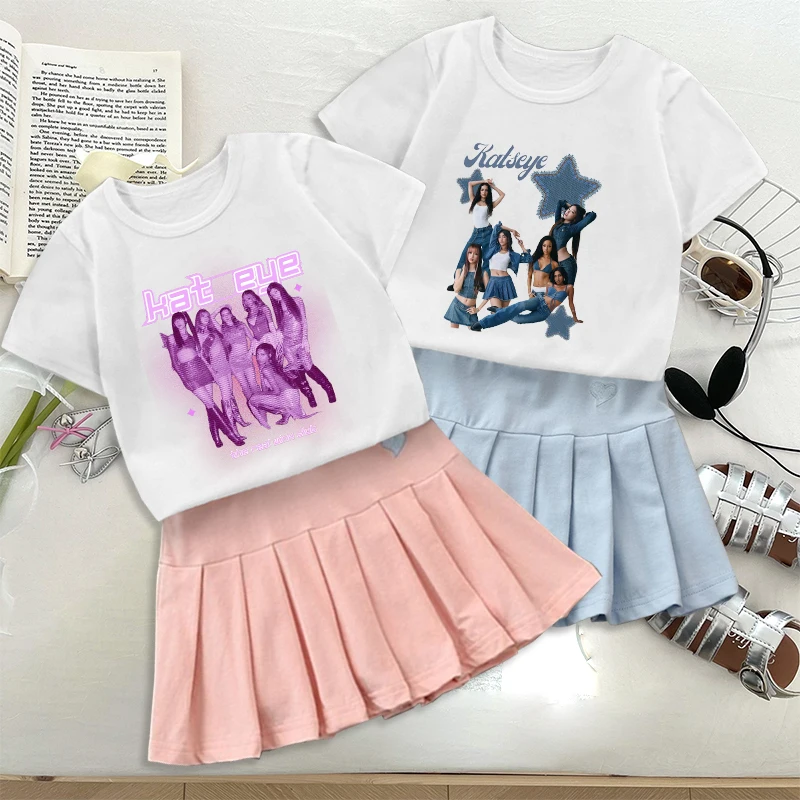 Mode K POP K-KATSEYE T-shirt Faltenrock Set Mode Liebe bestickt rosa blau Kleid süße Kurzarm Hip Hop Mädchen Geschenke