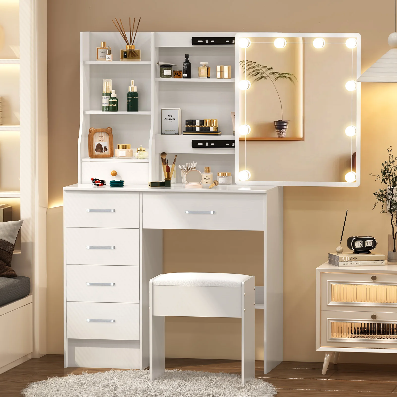 Teousev Weißer Schminktisch mit Spiegel und LED-Beleuchtung, Frisiertisch mit 6 Schubladen und 6 Ablagefächern für Schlafzimmer und Ankleidezimmer