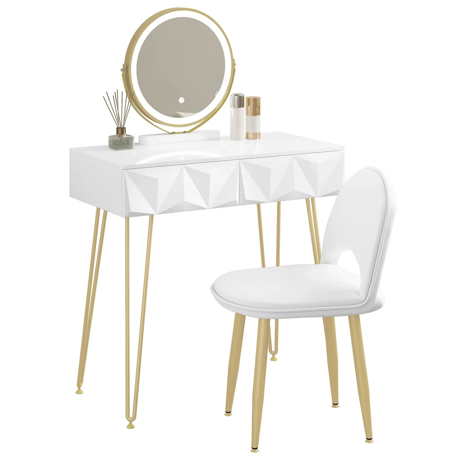 EUGAD 1SET Schminktisch mit 3-stufig verstellbarem LED-Spiegel und Samtstuhl für Mädchen und Frauen, Schlafzimmer-Geschenk Image