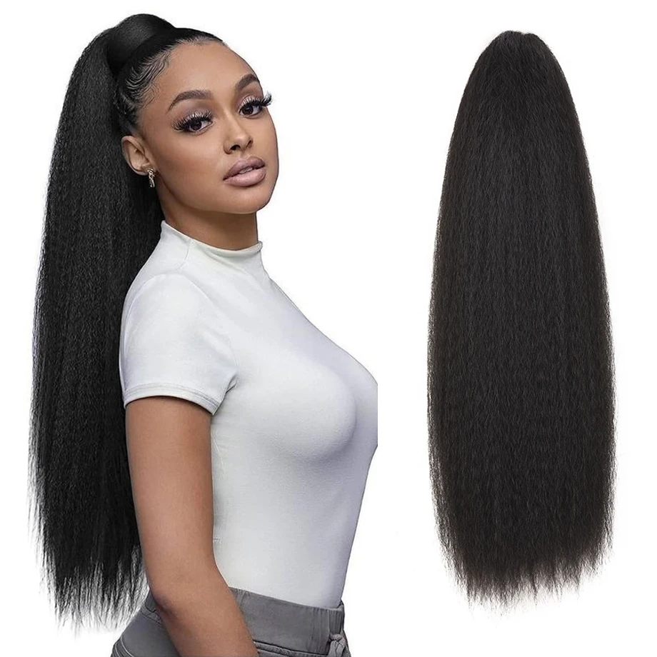 22 Zoll Yaki Straight Drawstring Pferdeschwanz, schwarz, für Damen, synthetisch, leicht verworren, glatt, Pferdeschwanzverlängerung für den täglichen Gebrauch und Partys Image