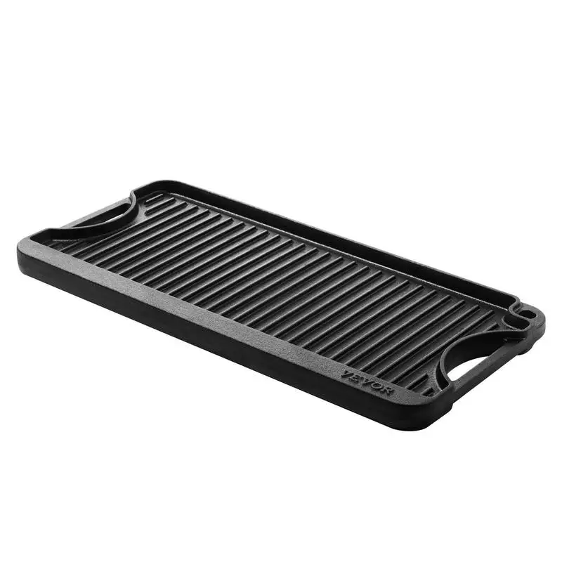 Wendbare Gusseisen-Grillplatte, 492x218 mm, vorbehandelte tragbare Grillplatte mit Griff, Grillpfanne für Innen-/Außenherd, Gas, Camping-Grill, Schwarz Image