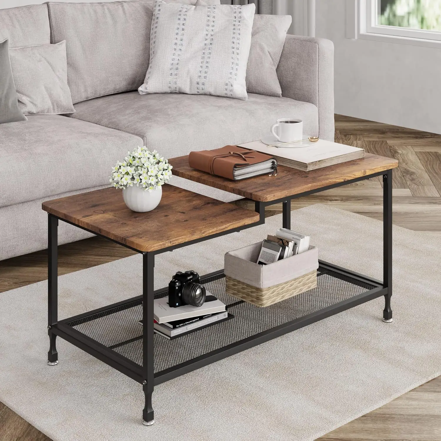 Garvee Belüfteter Rechteckiger Couchtisch mit Stauraum: Klassischer Rustikaler Brauner Tisch, Industrieller Außenrahmen-Tisch für Kleine Räume, Schlafzimmer, Sofa, Wohnzimmer, Lounge, Schnell