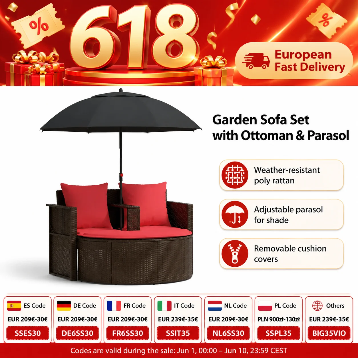 Garten-Sofa-Set mit Ottoman und verstellbarem Sonnenschirm, 168 x 168 x 180 cm, Polyrattan, Outdoor-Lounge-Möbel für Terrasse, Balkon, Garten, wetterbeständig