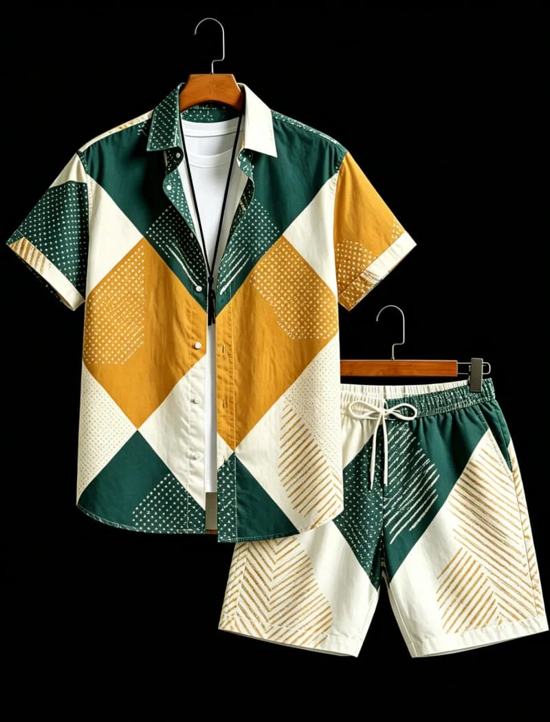 Geometrischer Patchwork-Print Herren-Sommer-Zweiteiler, Kurzarmhemd & Shorts mit Kordelzug, für Urlaub und Freizeitkleidung Image
