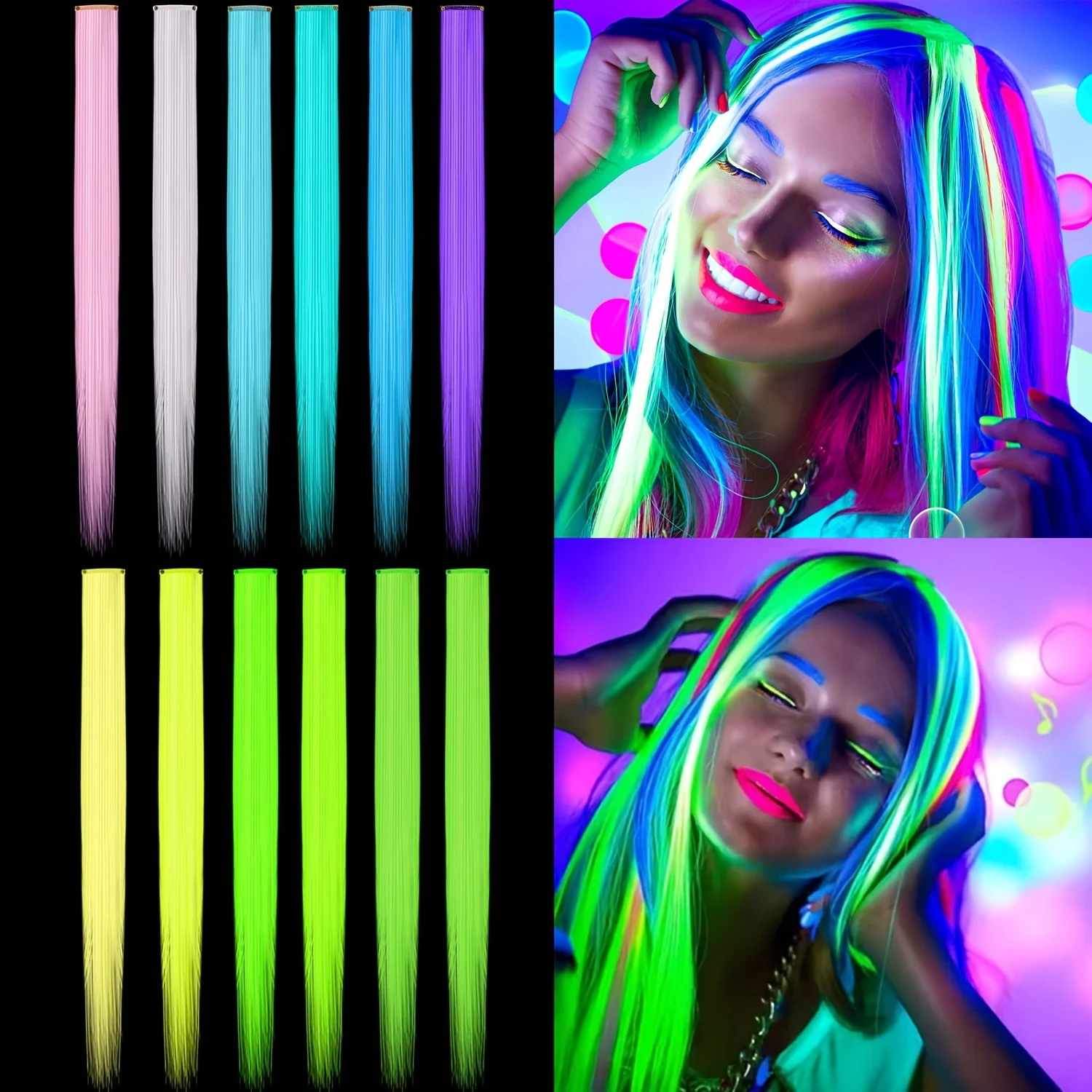 4-teilige synthetische Haarverlängerungen mit leuchtendem Fluoreszenzeffekt für Frauen – Clip-In, glatt und weich, einfach zu tragen für Partys Image