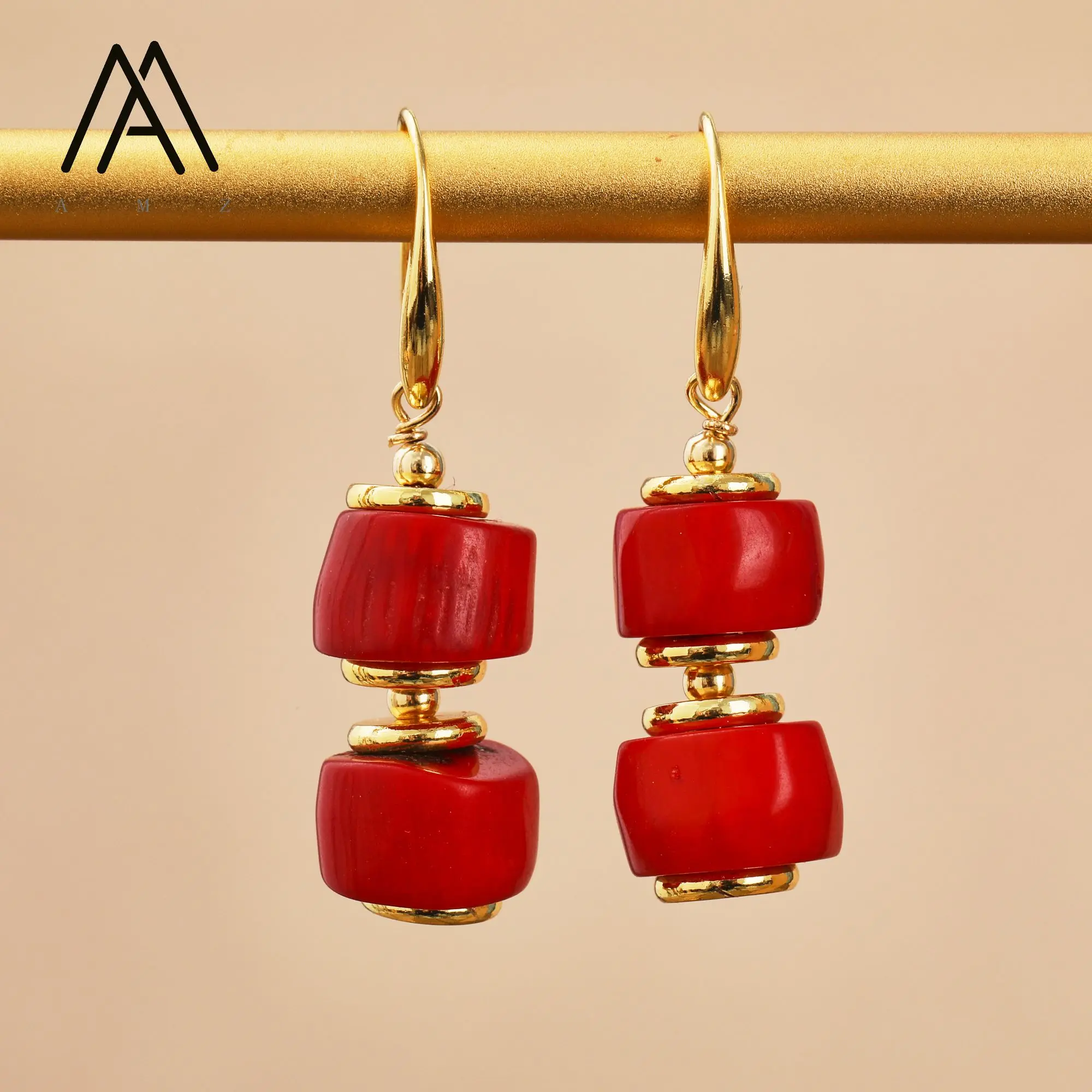 Natürliche rote Korallen-Tropfenohrringe, Vintage-Mode, vergoldet, Schmuck, Geschenk für Frauen für Party Image