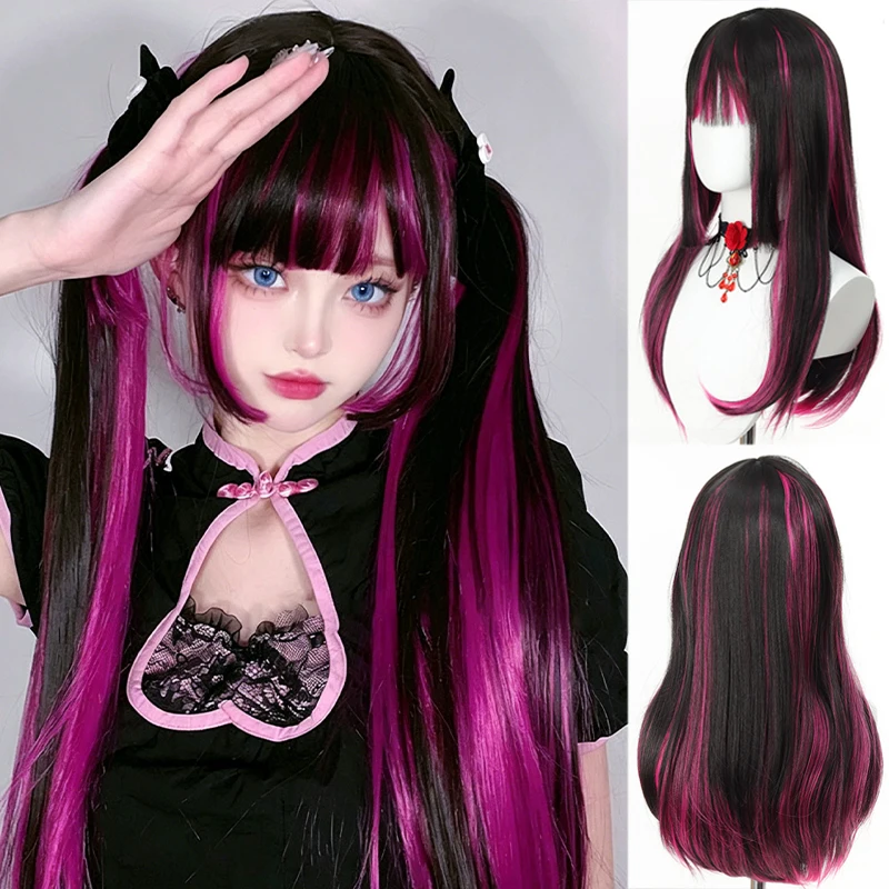 Synthetische 24-Zoll-Perücke mit glattem schwarzem Haar für Frauen mit Pony, lange Anime-Cosplay-Perücke, geeignet für tägliche Partys Image