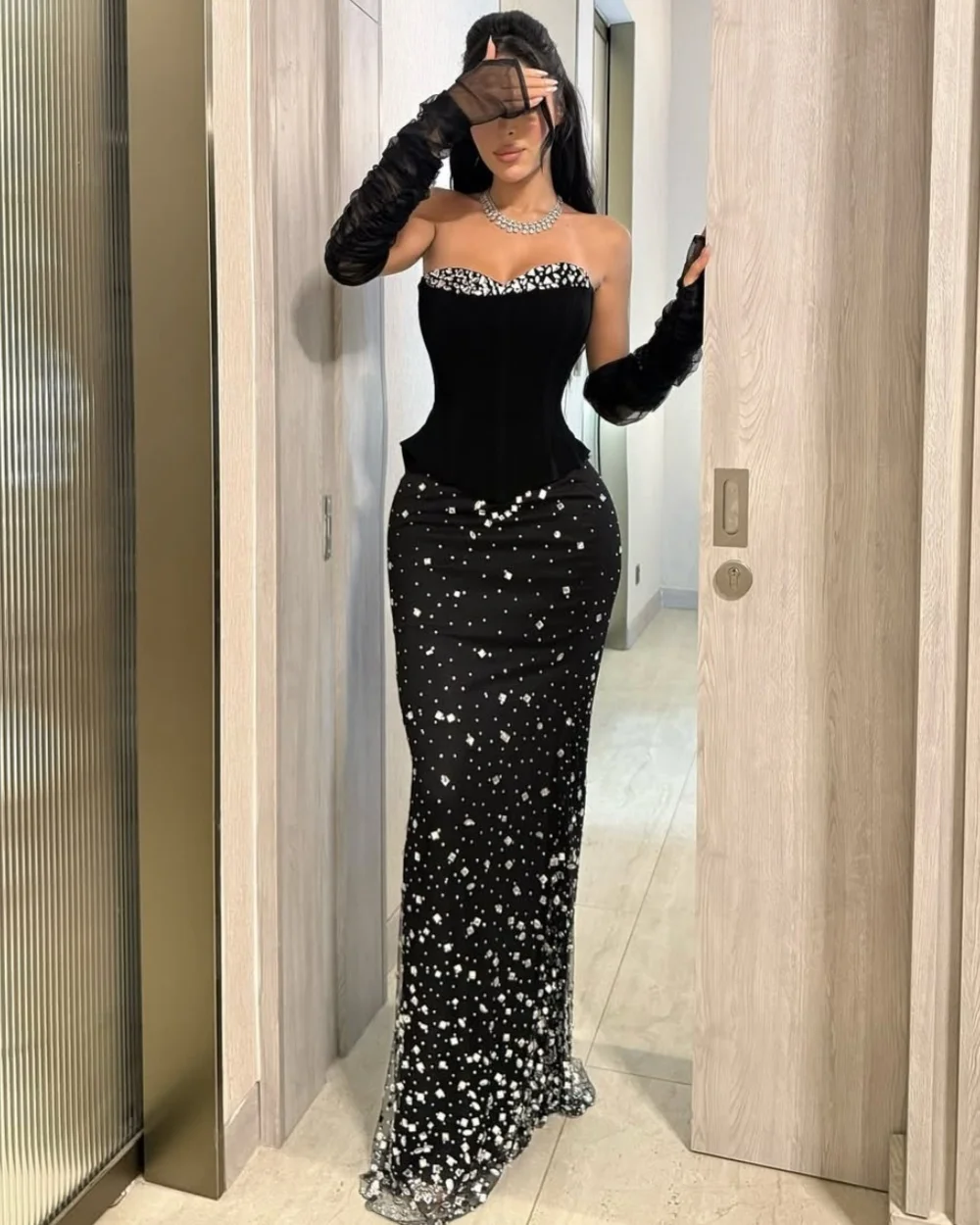 Customized Intricate Fashion Jersey Rhinestone Beading Column Strapless Long Dresses Bespoke Occasion Dresses Elegant Matching