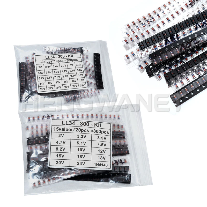 300 Stück SMD 0,5W 1/2W 3V-24V 2V-39V SMD-Dioden-Set 1N4148 LL34 Zener-Dioden-Kit Image