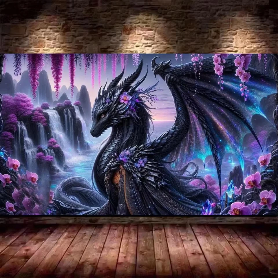 1000-teiliges Puzzle mit Blumen, Wasserfall, schwarzem Drachen, Fantasietier, stressreduzierendes Spielzeug, Weihnachtsgeschenk, perfekt für kreatives DIY Image