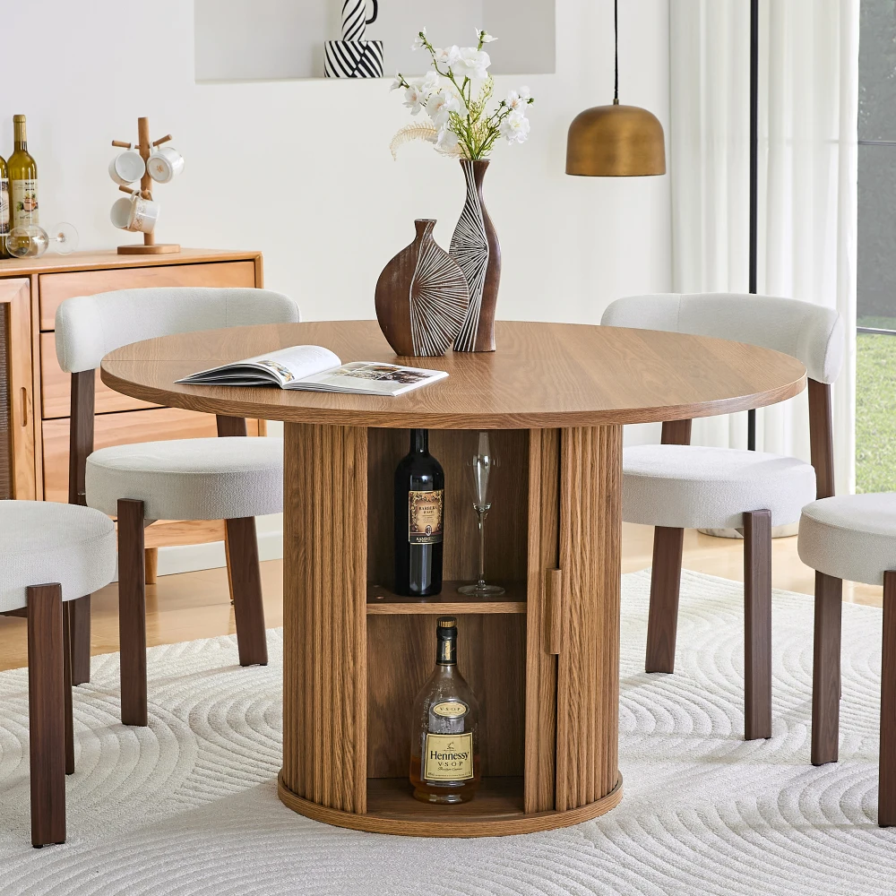120 cm runder Esstisch für 4-6 Personen, runder Esstisch mit Holzgestell, mit zwei Lagerflächen, moderner Esstisch im Landhausstil für Küche, Wohnzimmer
