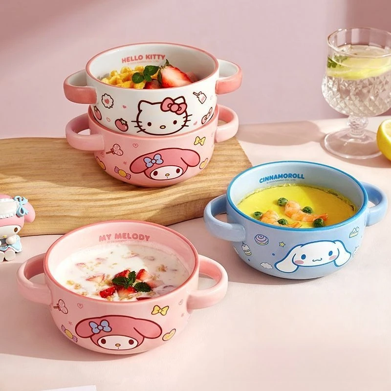 Anime Sanrio Kids Double Ear Ceramic Bowl Baby Rice Bowl for Steamed Egg Soup Noodle Salad Household Kawaii Lovely Cute 2026 New