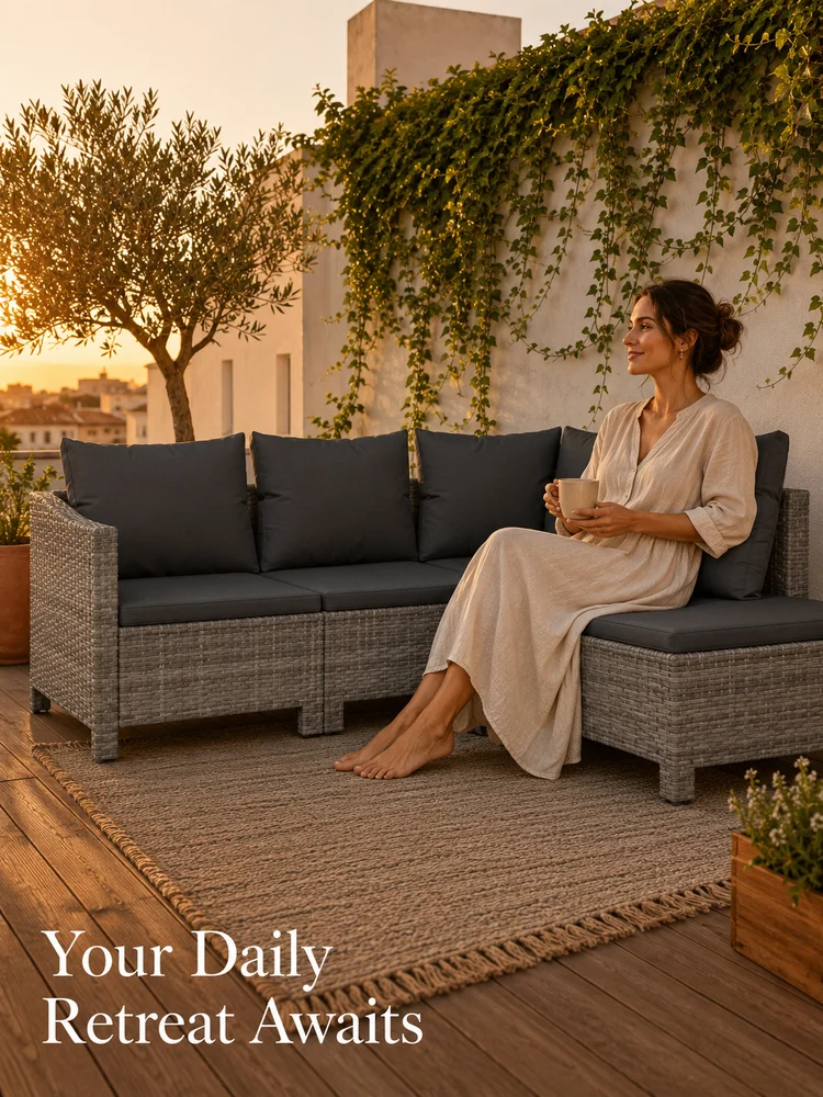 4-teiliges Garten-Lounge-Set mit Kissen, graue Polyrattan-Sitzgruppe für den Außenbereich, modulares Terrassenmöbel-Set für Garten, Balkon, Terrasse, wetterbeständig