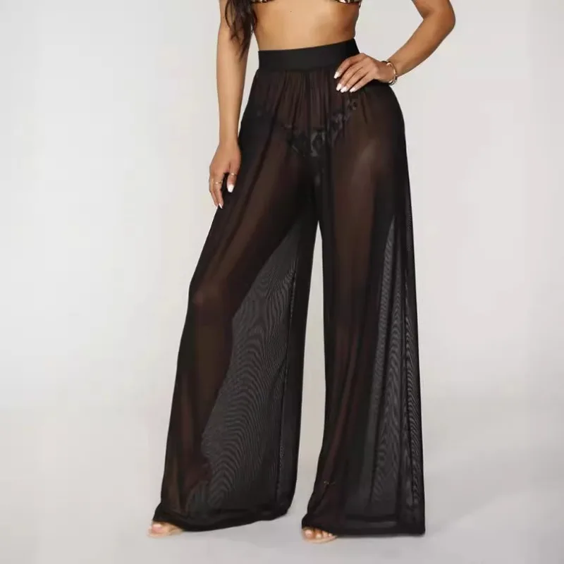 Neu eingetroffen: Damen Transparente Mesh-Hose mit weitem Bein, einfarbig, sexy, durchsichtiges Design, Oberbekleidung, Pyjamahose, Größe L, Nachtwäsche, sexy