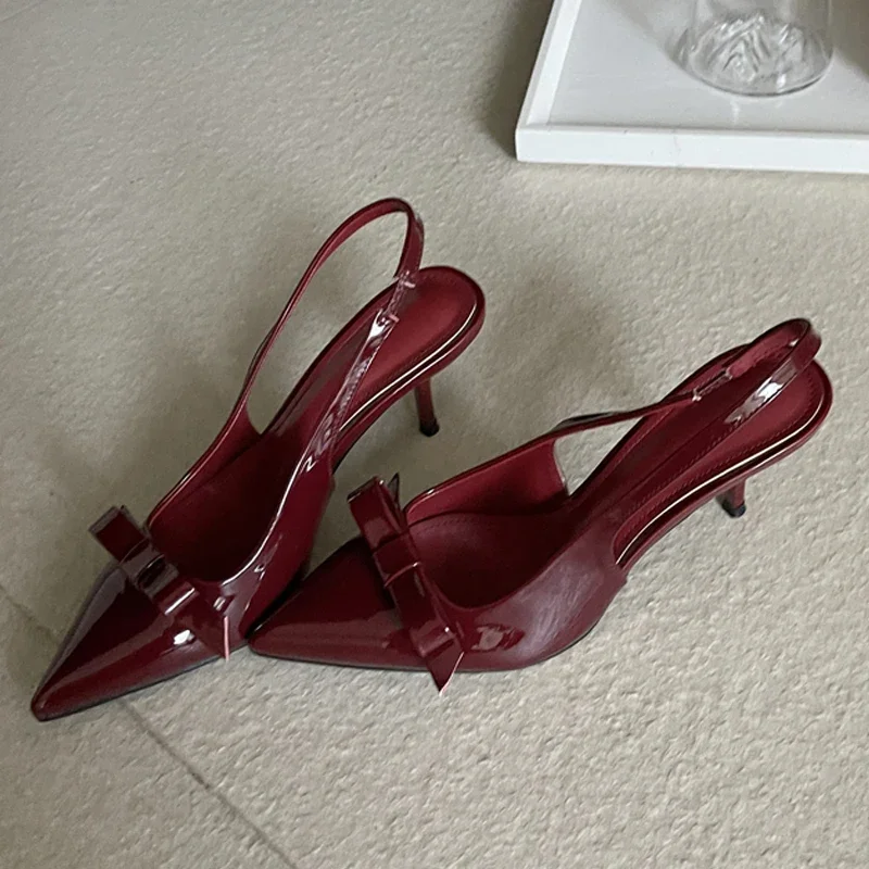 Eilyken Modische Slingbacks mit Schmetterlingsknoten für Damen, elegante Pumps mit spitzer Zehenpartie, dünne niedrige Absätze, Bankett- und Abschlussball-Damenschuhe