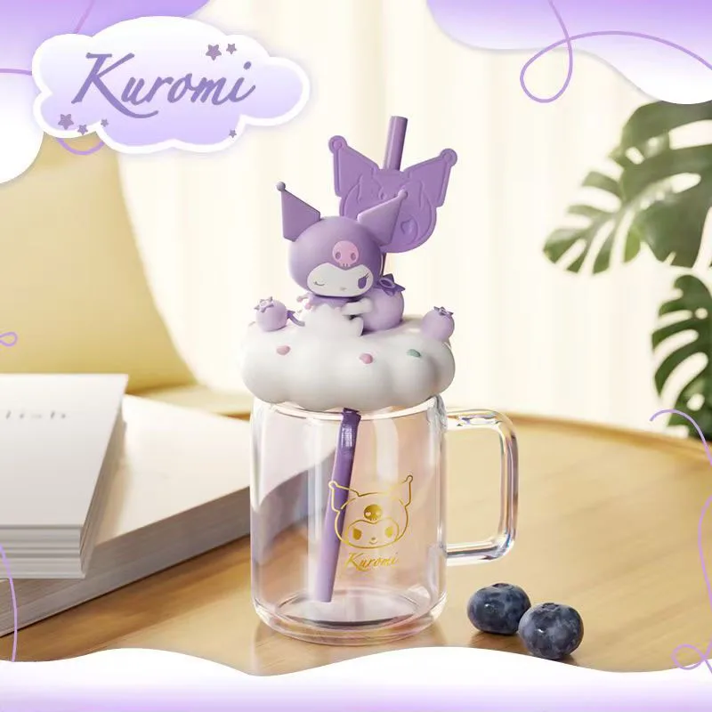 Kawaii süßer Kuromi MyMelody Glasbecher mit Strohhalm und Wolken-Deckel, Cartoon-Charakter-Trinkbecher mit Henkel, Geschenk für Anime-Fans Image