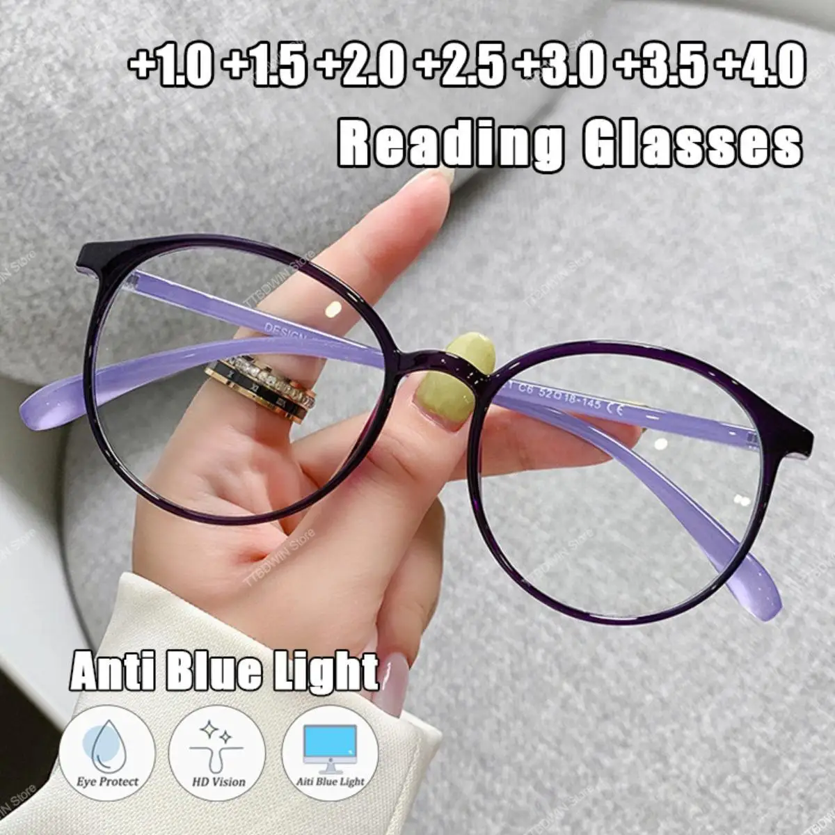 Lesebrille für ältere Menschen, +1,0 bis +4,0, tragbare, ultraleichte Anti-Ermüdungsbrille, modische, elegante, einfache Brille für Damen Image