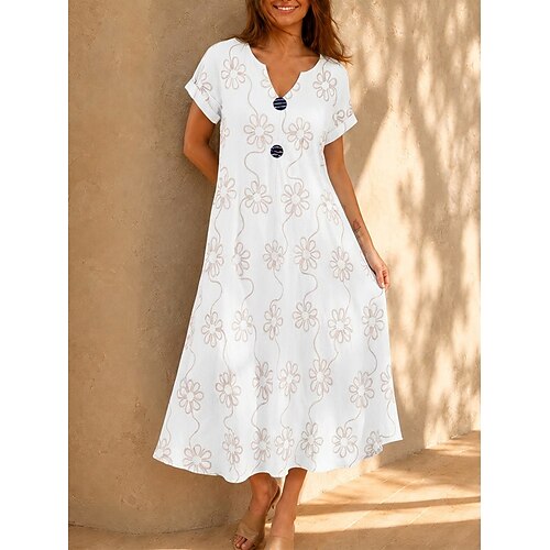 Damen Midikleid Kleid mit Blumenstickerei Sommerkleid Basic Klassisch Täglich Urlaub Lässiger Schnitt Blumen Kurzarm V Ausschnitt Blau Weiß Sommer Frühling Image