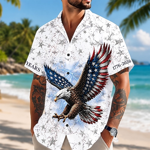 4. Juli 2026 250. Herren Adler Amerikanische Flagge Hemd Sommerhemd Knopfhemd Kurzarm Patriotisch Outdoor Festival Sommer Frühling Umlegekragen 3D-Druck Hemden mit Kragen Blau Weiß Image