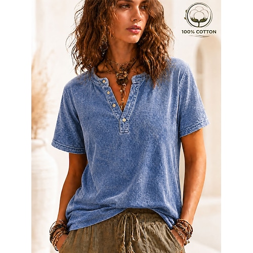 Damen 100% Baumwolle Henley Hemd Grafik Flagge Einfach Vintage Mode Stilvoll Kurzarm Henley Normale Oberteile Lässig Strand Blau Khaki Schwarz Purpur Orange Sommer Frühling Image