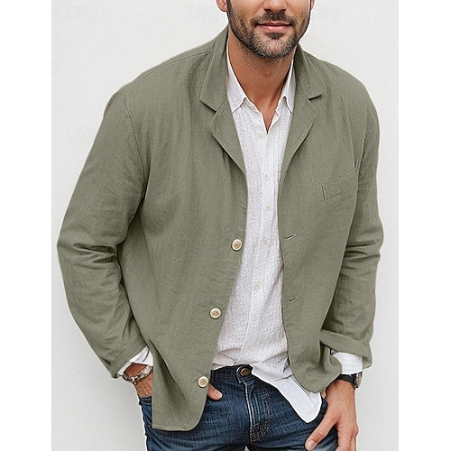 Herren Leichte Jacke Blazerjacke Leinenblazer Formell Büro Herbst Baumwolle und Leinen Einfarbig Bequem Einreihig Blazer Hellgrün Marineblau Braun Kaki