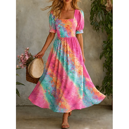 Damen Maxikleid A Linie Kleid Urlaub Lässig Boho Strand Ferien Normale Passform Grafik Geometrisch Kurzarm Rundhalsausschnitt Gelb Rosa Sommer Frühling Image