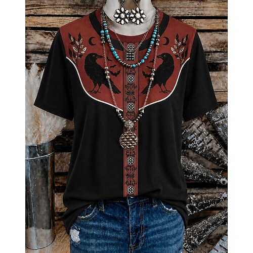 Damen-T-Shirt im Western-Boho-Stil mit floralem, geometrischem Vintage-Print, kurzen Ärmeln, V-Ausschnitt und Rundhalsausschnitt. Lässig, für Alltag, Wochenende, Sommer, Frühling, Herbst und Winter. Image