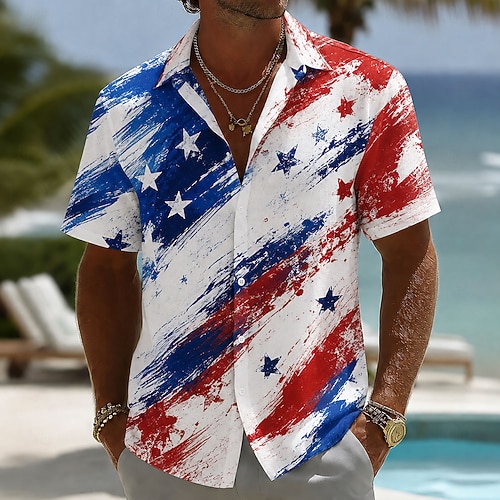4. Juli 2026 250. Herren Amerikanische Flagge Hemd Sommerhemd Knopfhemd Kurzarm Patriotisch Outdoor Festival Sommer Frühling Umlegekragen 3D-Druck Hemden mit Kragen Blau Blau 3# Blau 2# Blau 1# Image